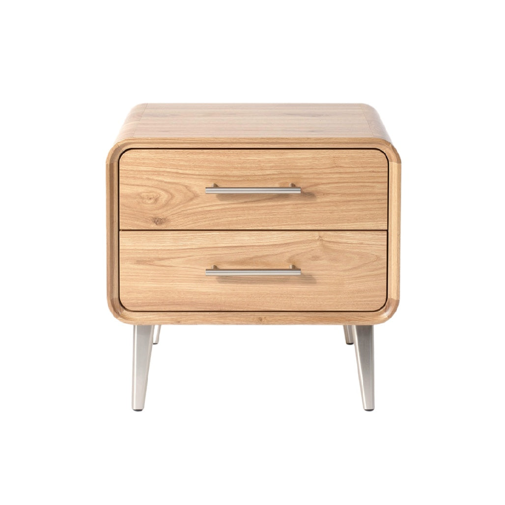 Modern Wooden Nightstand with Two Drawers and Sleek Metal Handles